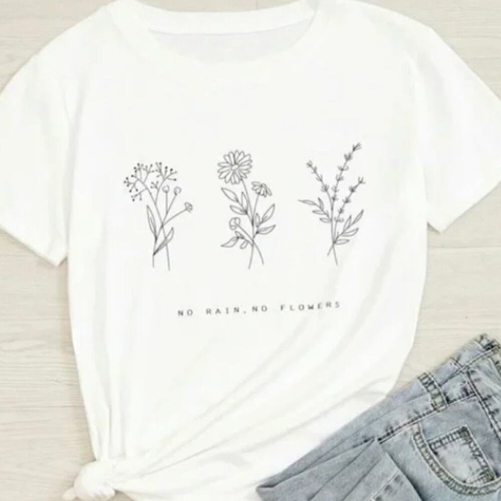 Shein Curve 0XL Women's White "No Rain No Flowers" Basic Tee‎ Shirt Comfortable